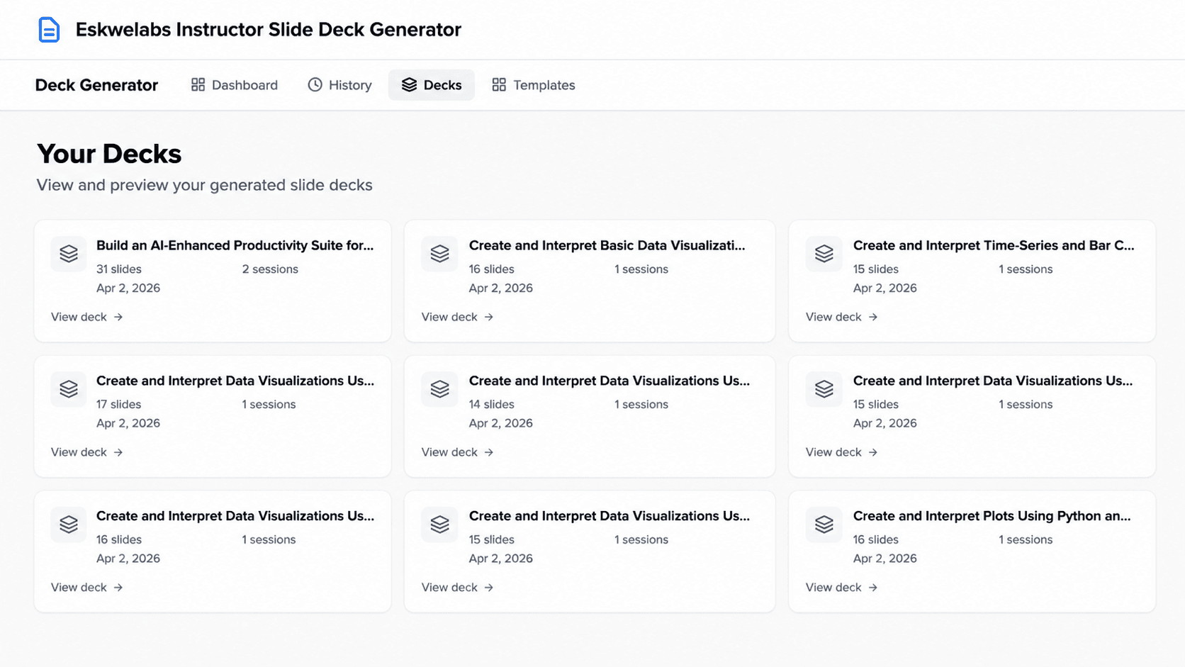 Slide deck generator main dashboard