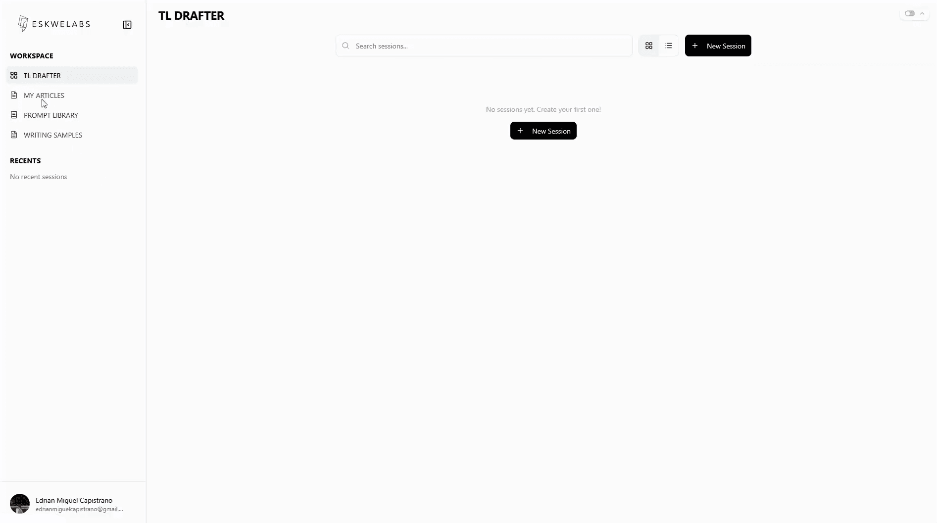 Thought Leader Drafter home dashboard