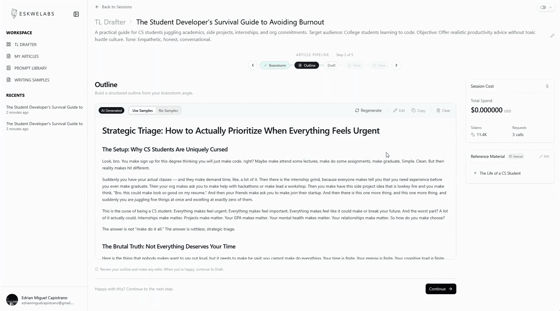 The 4-stage writing pipeline UI